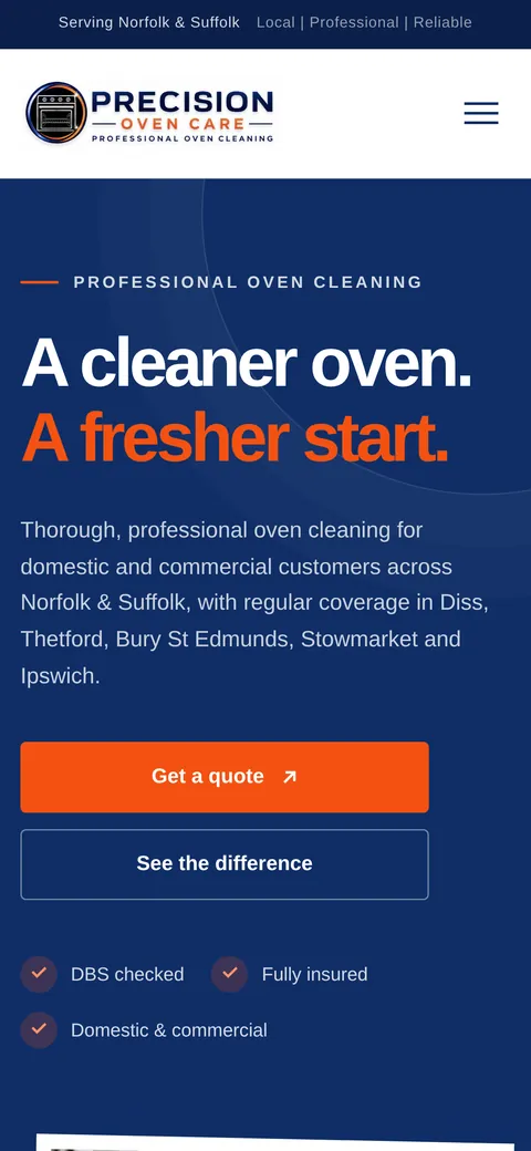 Precision Oven Care website on a phone